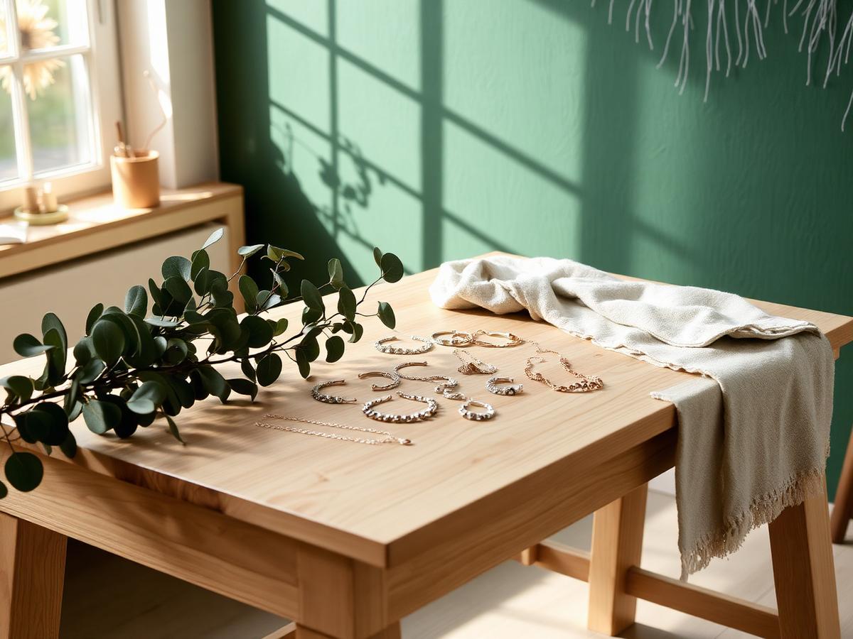 Atelier PĀZ com peças sobre mesa de madeira clara